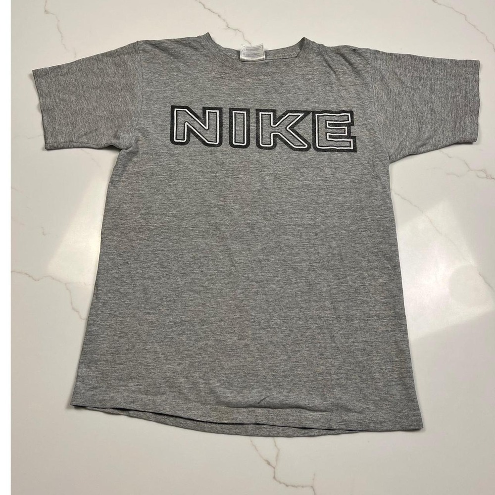 Nike 90s Graphic T-Shirt Mens Small Gray Vintage Block Logo Number 1‎ Back